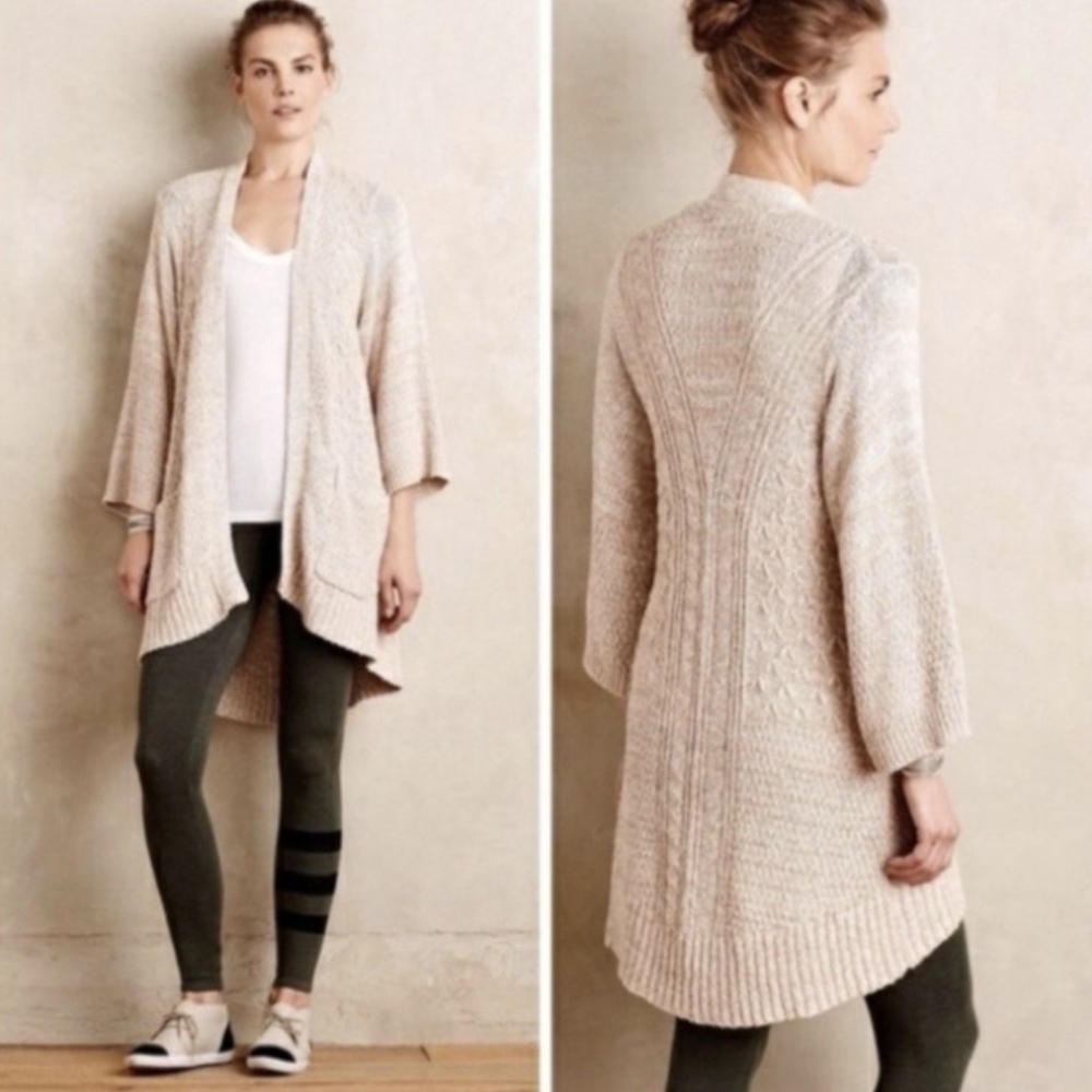 Anthro|Sparrow Sweater Celia Tan Cable Knit Raglan Sleeve Cardigan Size L
